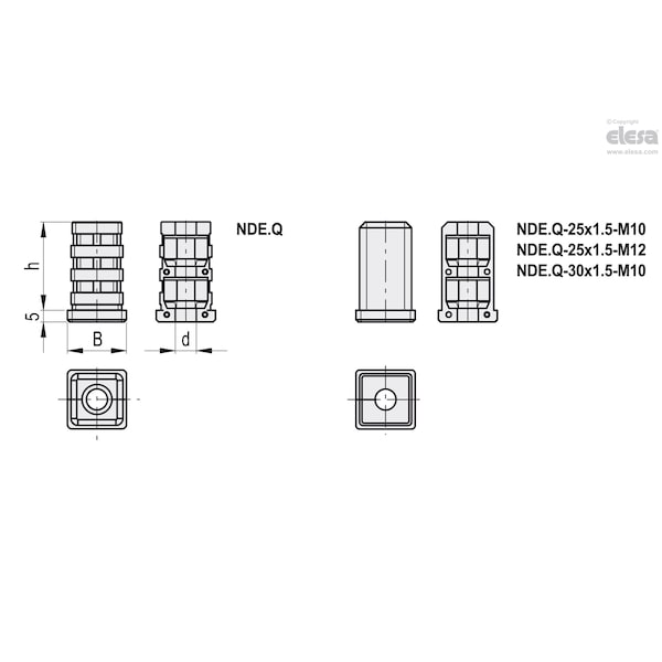 Square Tube Expander End-caps, NDE.Q-40x1.5-M10